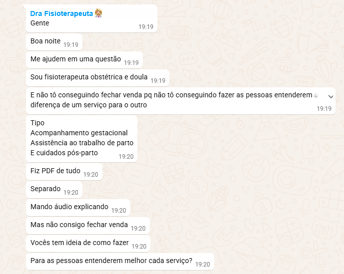 Print de conversa no WhatsApp sobre dificuldade de explicar serviços e fechar venda